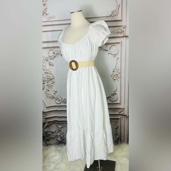 White Puff Sleeve Midi Dress with Tan Belt - Picture 5 of 6
